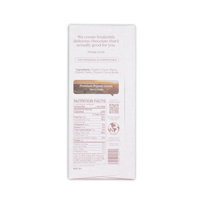 White rectangular chocolate bar packaging with premium organic cacao label for the conscious bar smooth dark chocolate 72%