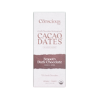 The conscious bar smooth dark chocolate 72 percent in minimalist white and brown packaging with cacao and dates