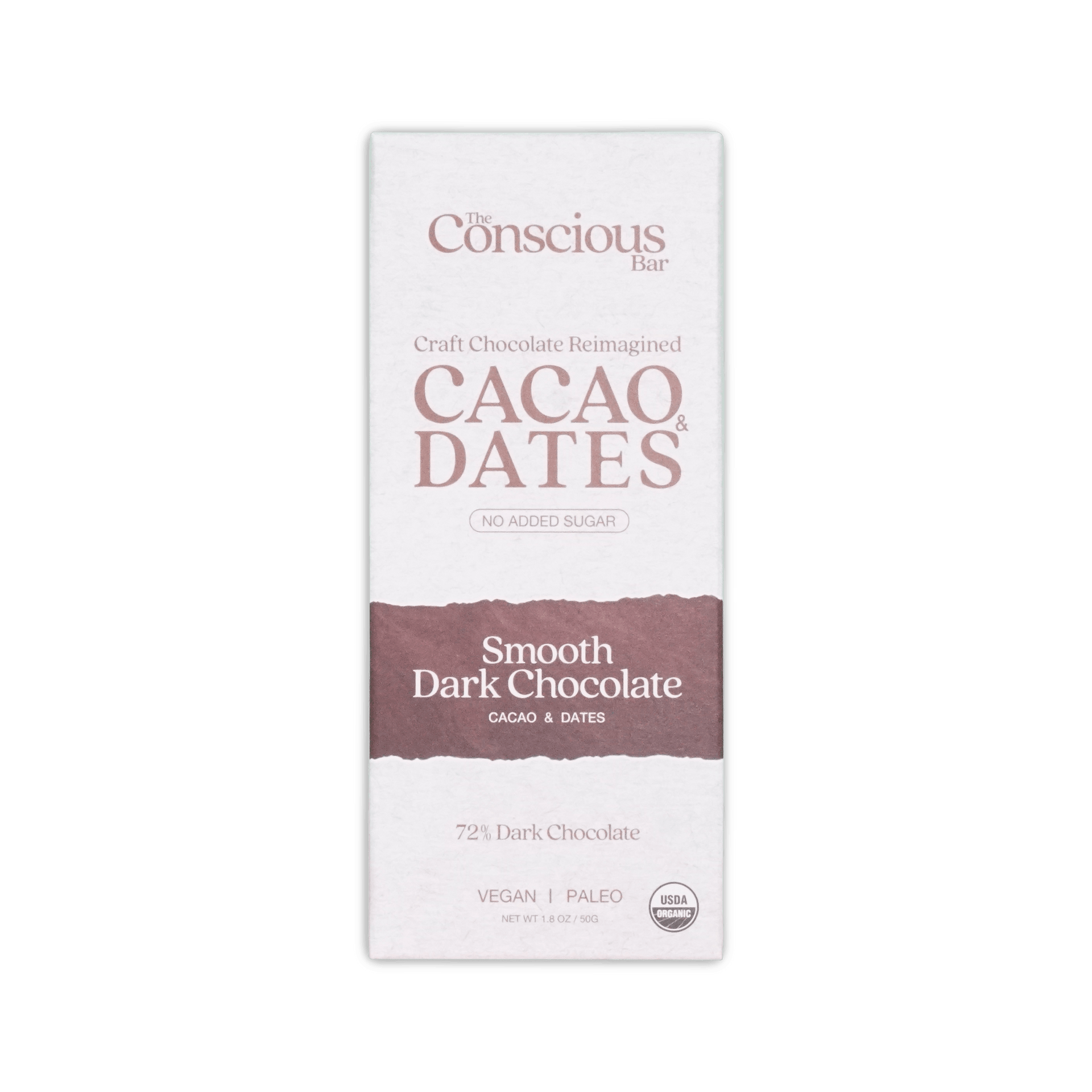 The conscious bar smooth dark chocolate 72 percent in minimalist white and brown packaging with cacao and dates