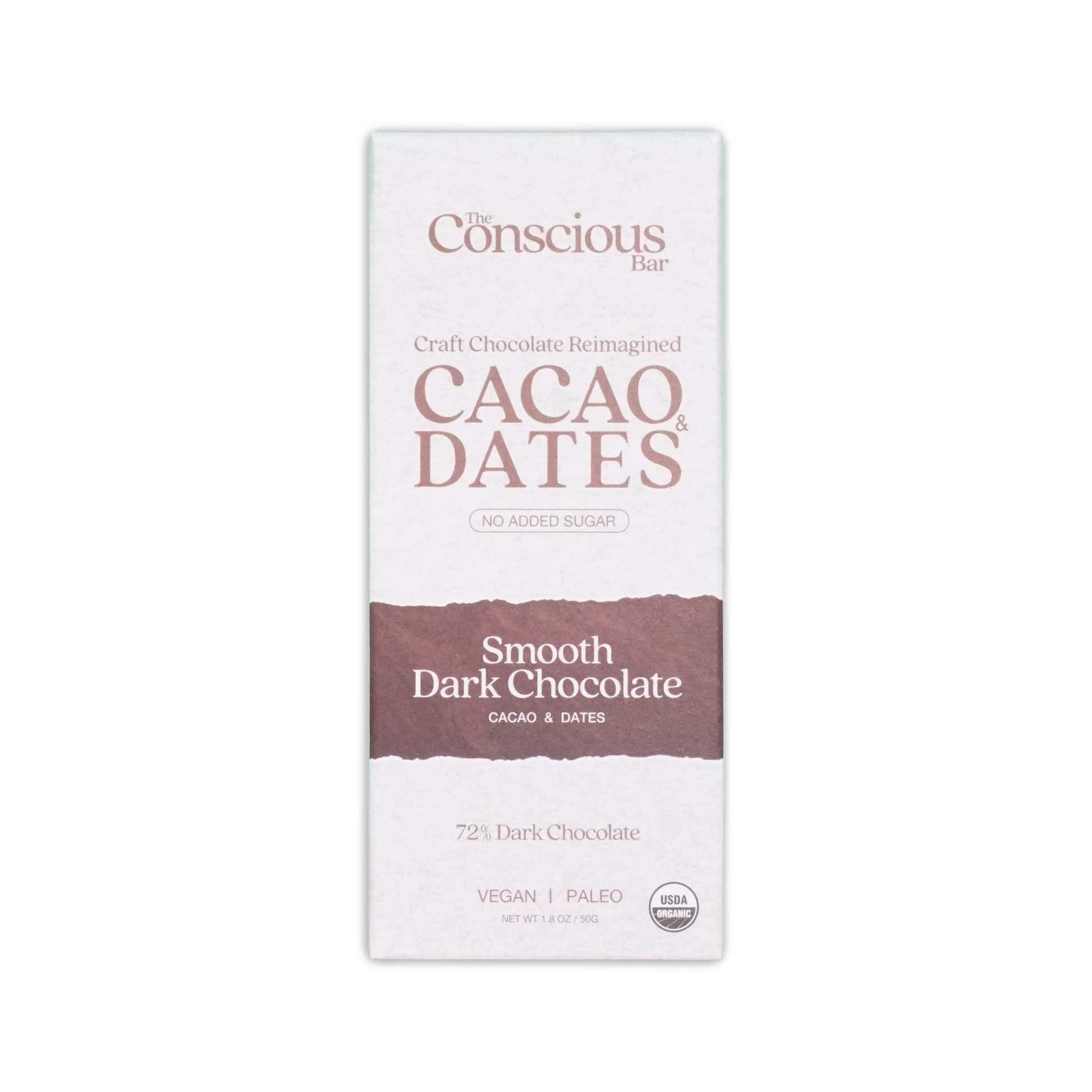 The conscious bar smooth dark chocolate 72 percent in minimalist white and brown packaging with cacao and dates