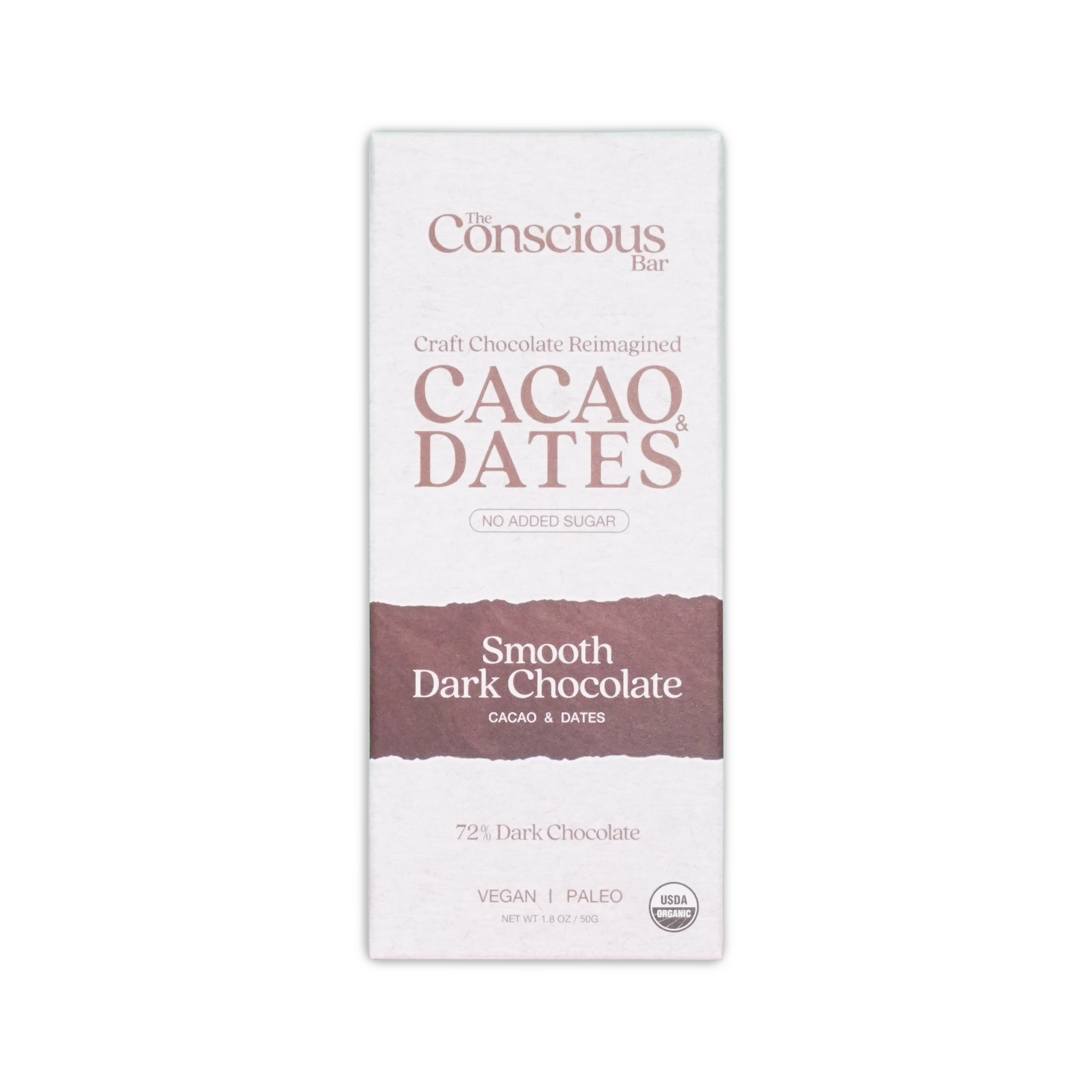 The conscious bar smooth dark chocolate 72 percent in minimalist white and brown packaging with cacao and dates