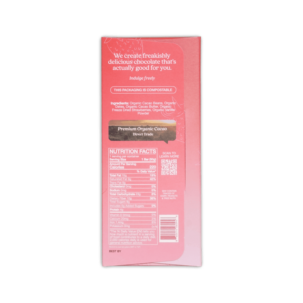The back side of the pink rectangular The Conscious Bar strawberry vanilla special edition 72 percent chocolate packaging with white text