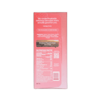 The back side of the pink rectangular The Conscious Bar strawberry vanilla special edition 72 percent chocolate packaging with white text