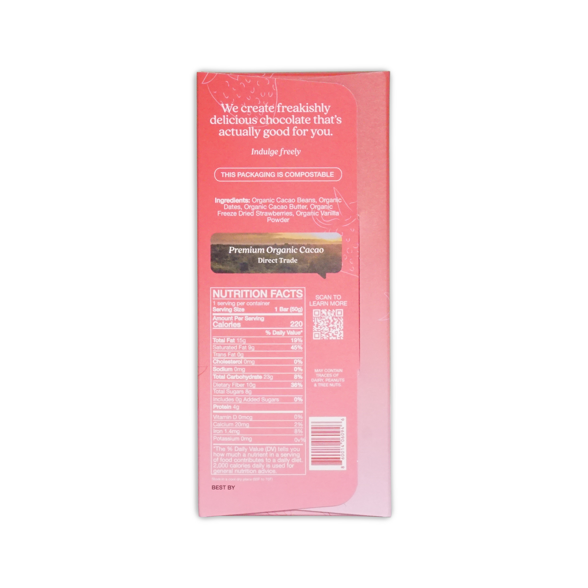 The back side of the pink rectangular The Conscious Bar strawberry vanilla special edition 72 percent chocolate packaging with white text