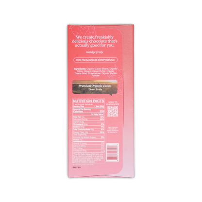 The back side of the pink rectangular The Conscious Bar strawberry vanilla special edition 72 percent chocolate packaging with white text