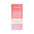 A pink rectangular package of the conscious bar strawberry vanilla special edition 72 percent chocolate bar with white and gold text