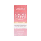 A pink rectangular package of the conscious bar strawberry vanilla special edition 72 percent chocolate bar with white and gold text