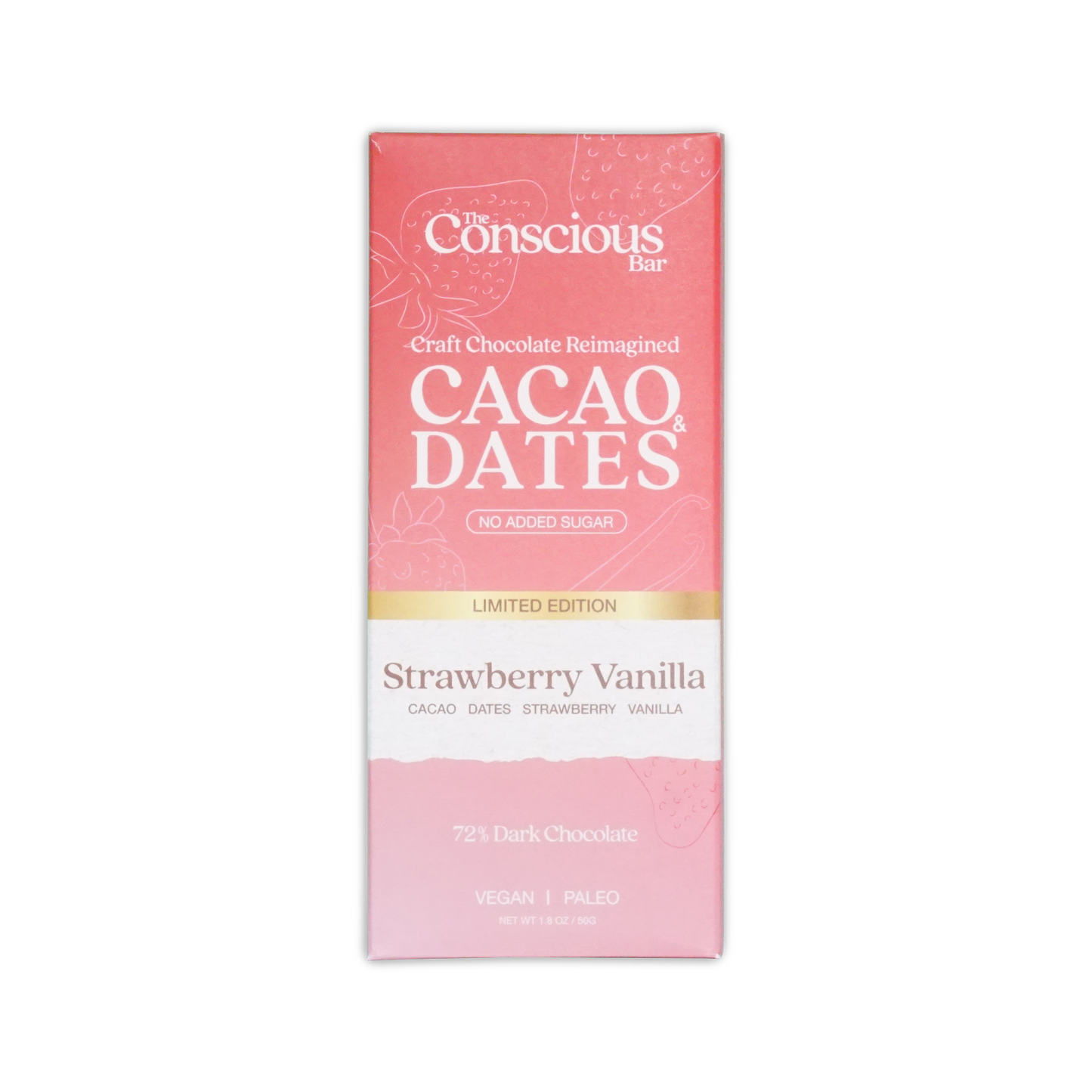 A pink rectangular package of the conscious bar strawberry vanilla special edition 72 percent chocolate bar with white and gold text