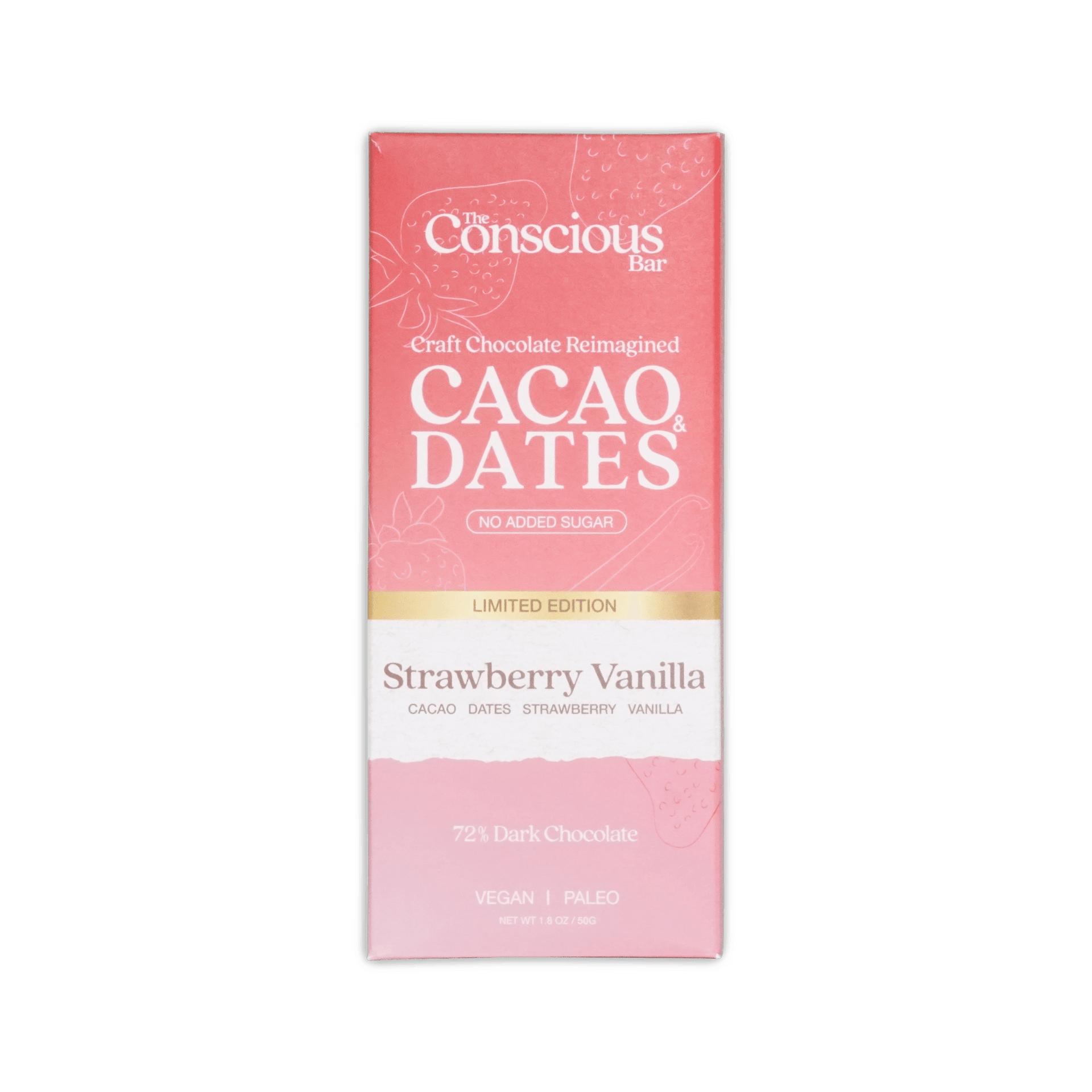 A pink rectangular package of the conscious bar strawberry vanilla special edition 72 percent chocolate bar with white and gold text