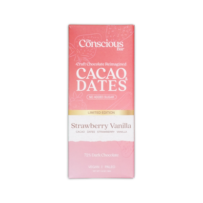 A pink rectangular package of the conscious bar strawberry vanilla special edition 72 percent chocolate bar with white and gold text