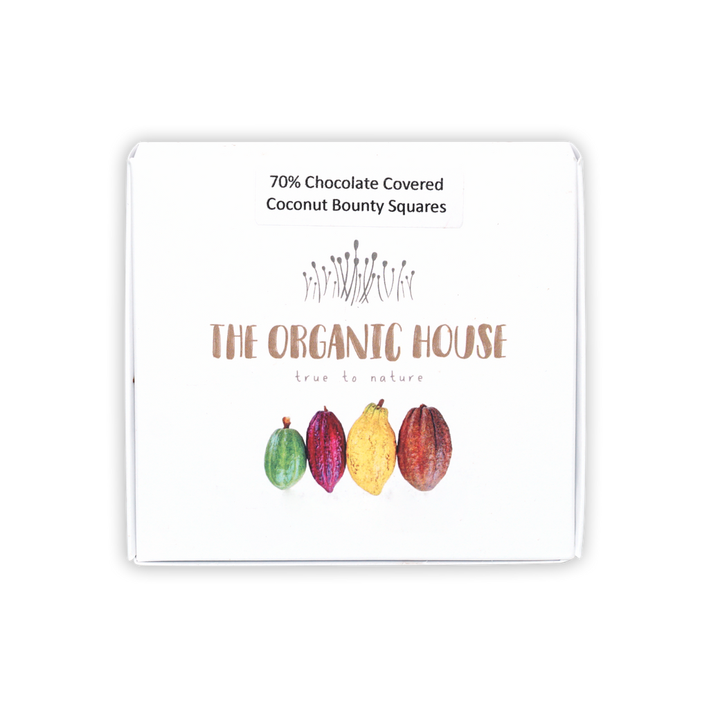 White rectangular box of 70% Organic House chocolate covered coconut bounty squares