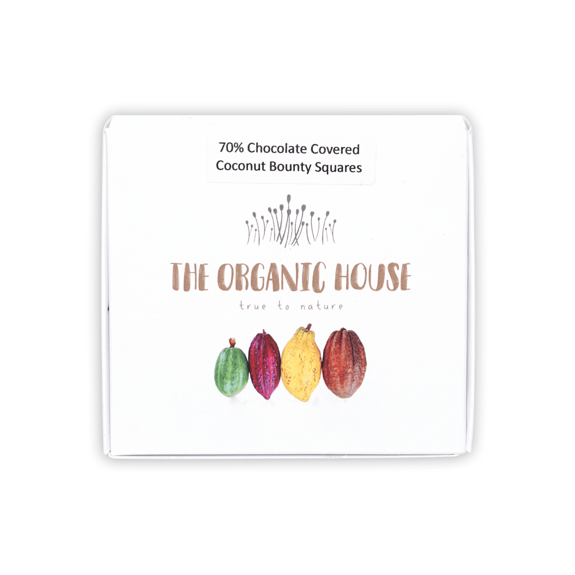White rectangular box of 70% Organic House chocolate covered coconut bounty squares