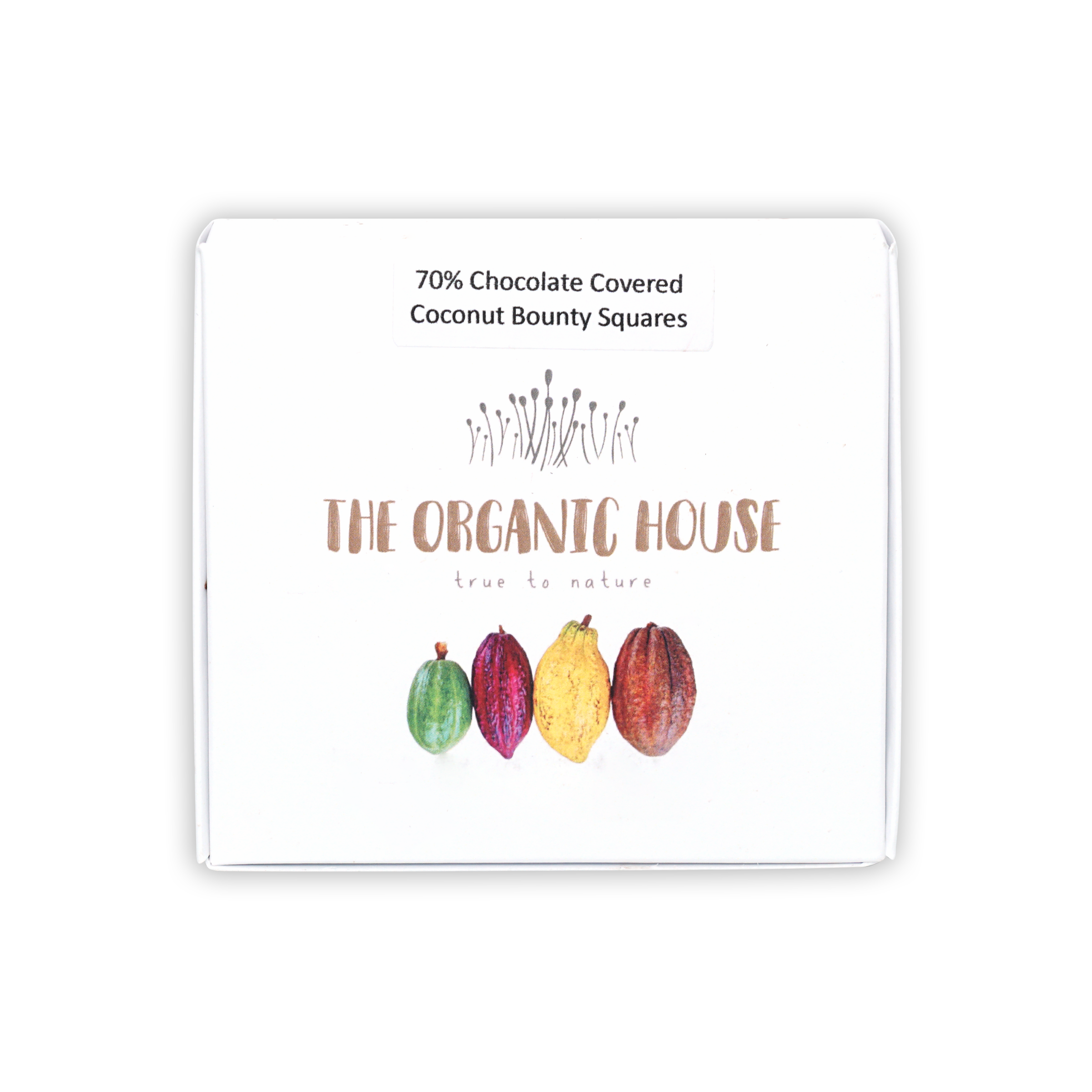White rectangular box of 70% Organic House chocolate covered coconut bounty squares