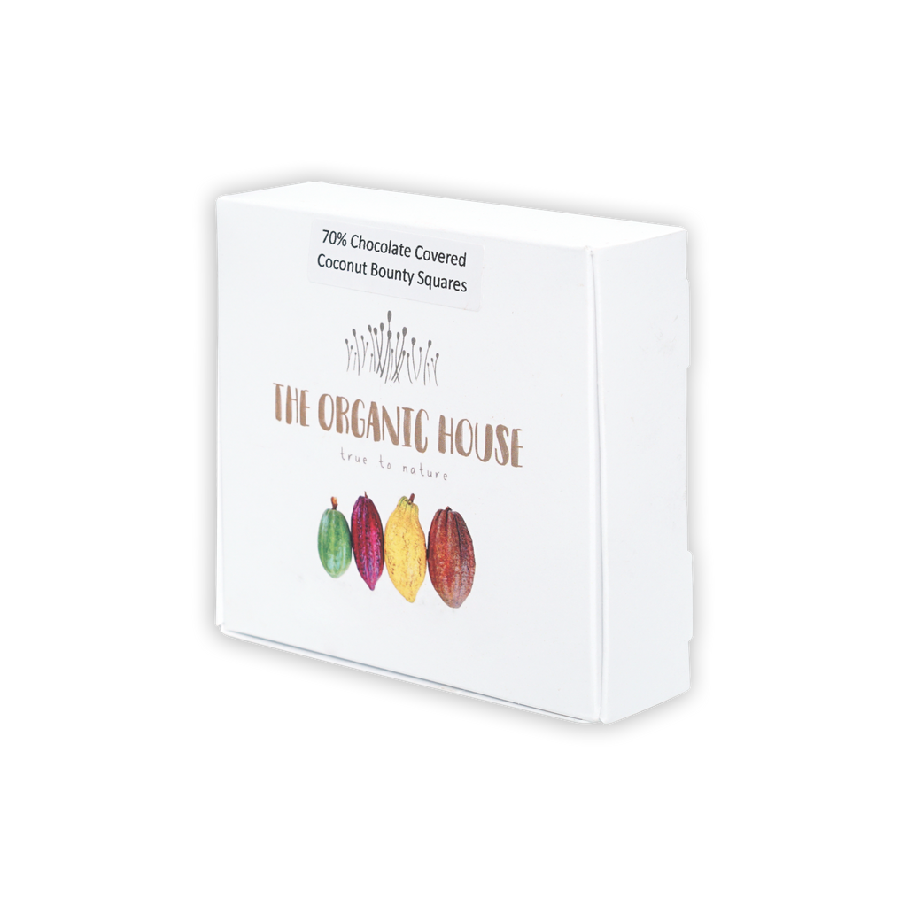 White rectangular box of 70% The Organic House chocolate covered coconut bounty squares