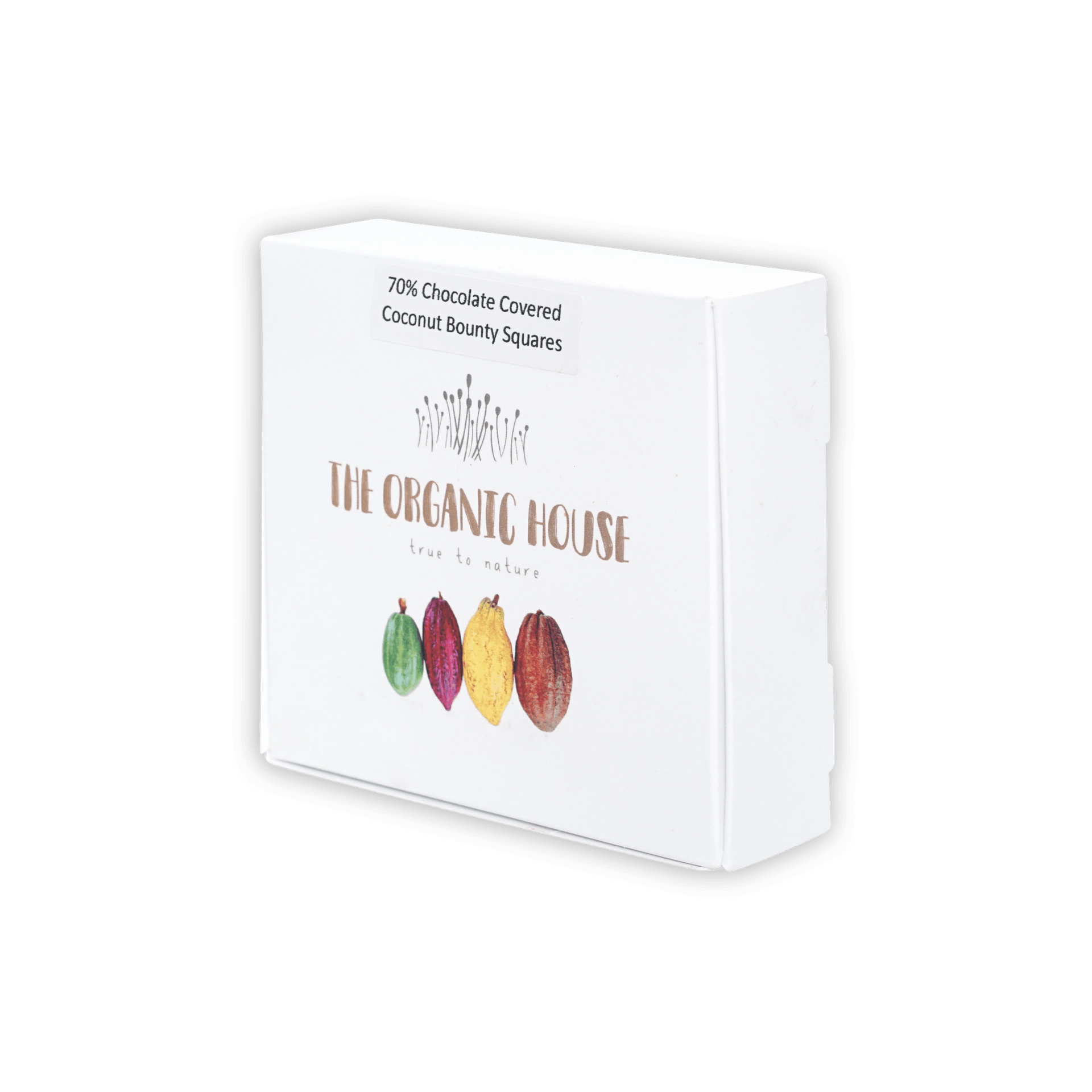 White rectangular box of 70% The Organic House chocolate covered coconut bounty squares