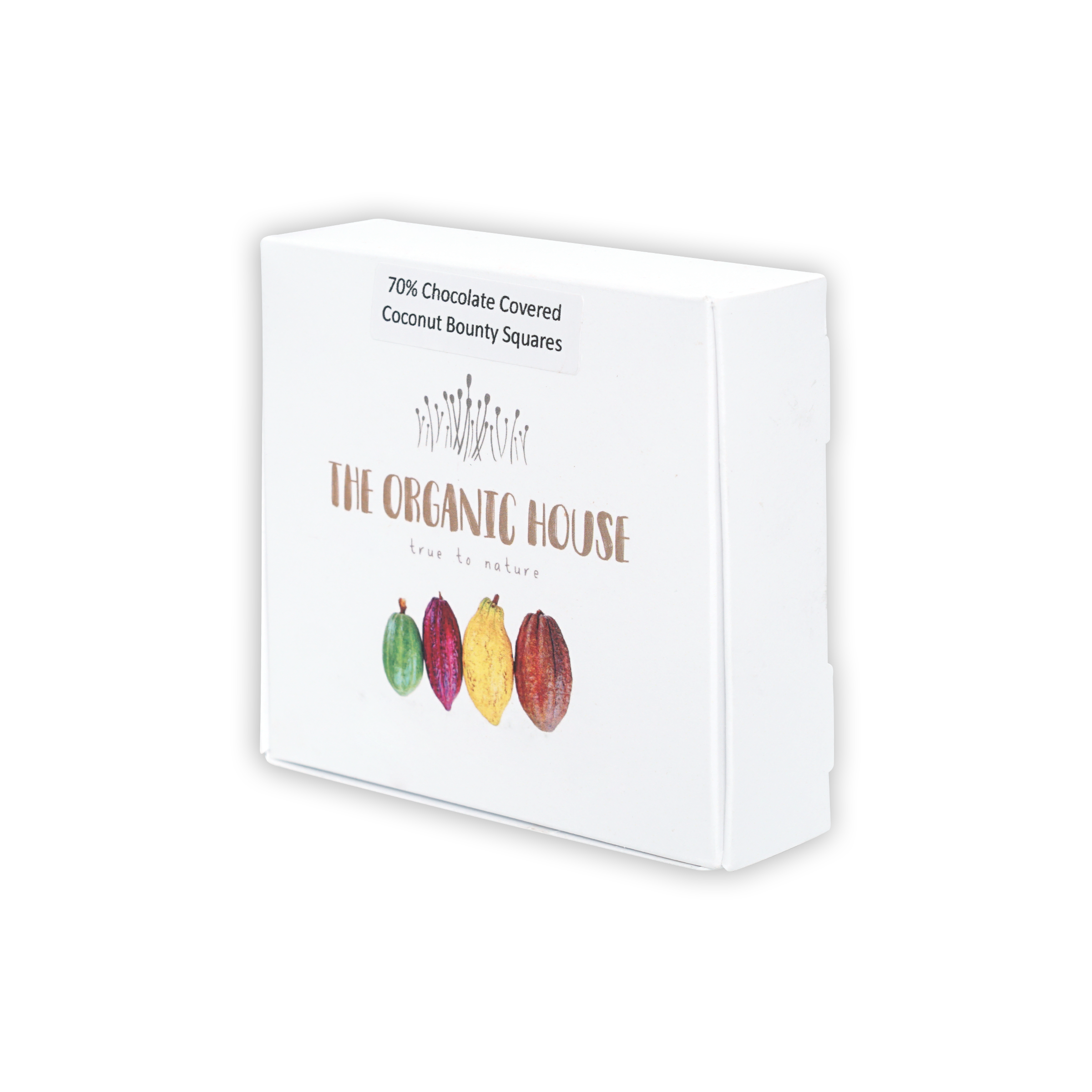 White rectangular box of 70% The Organic House chocolate covered coconut bounty squares