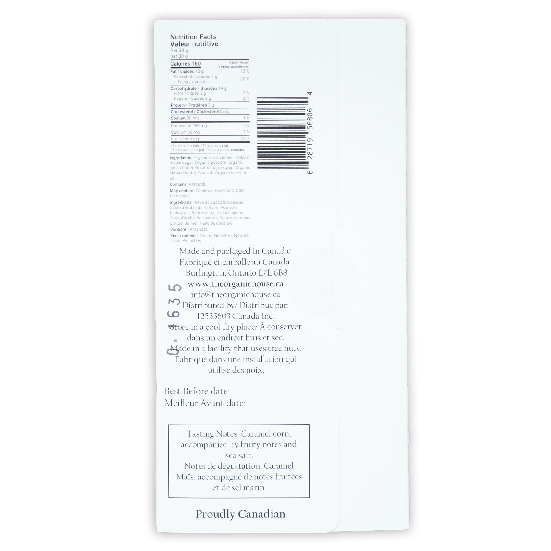 White paper label on The Organic House Movie Night 60% Canadian organic candy