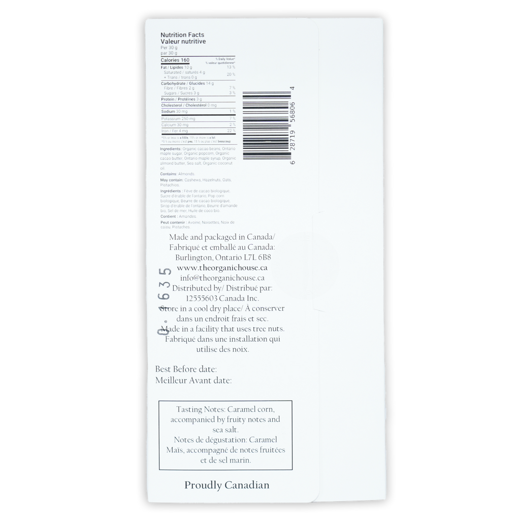 White paper label on The Organic House Movie Night 60% Canadian organic candy
