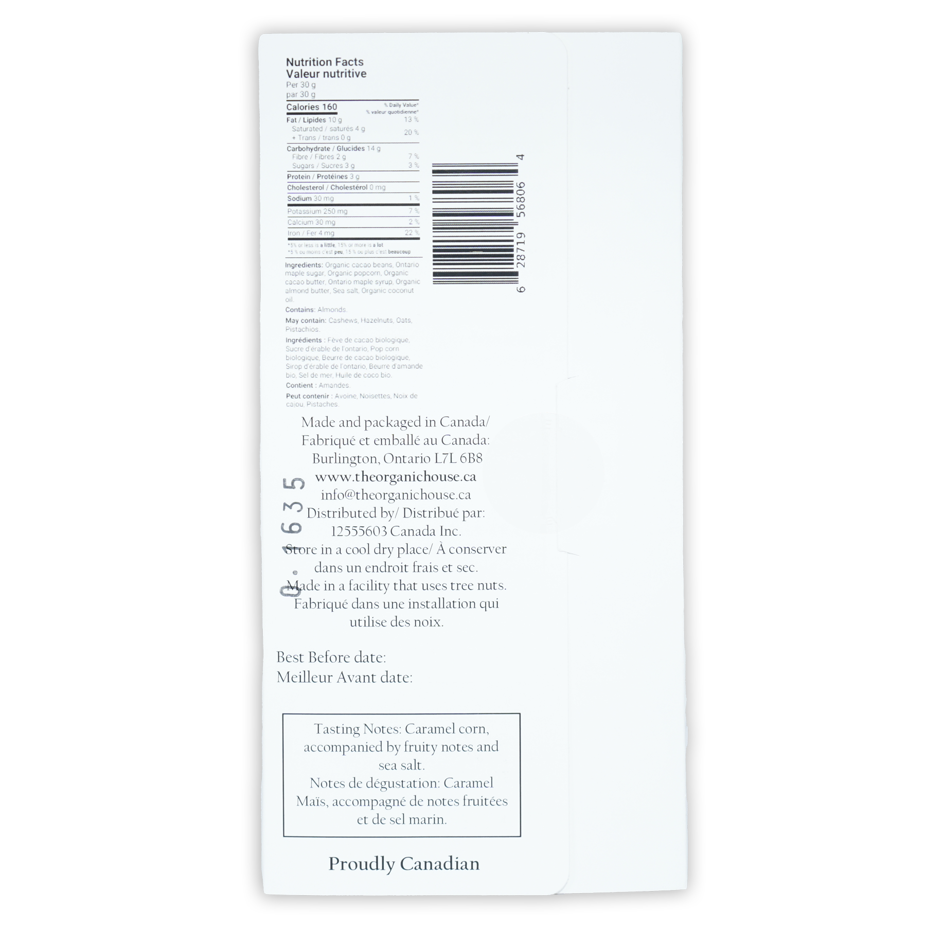 White paper label on The Organic House Movie Night 60% Canadian organic candy