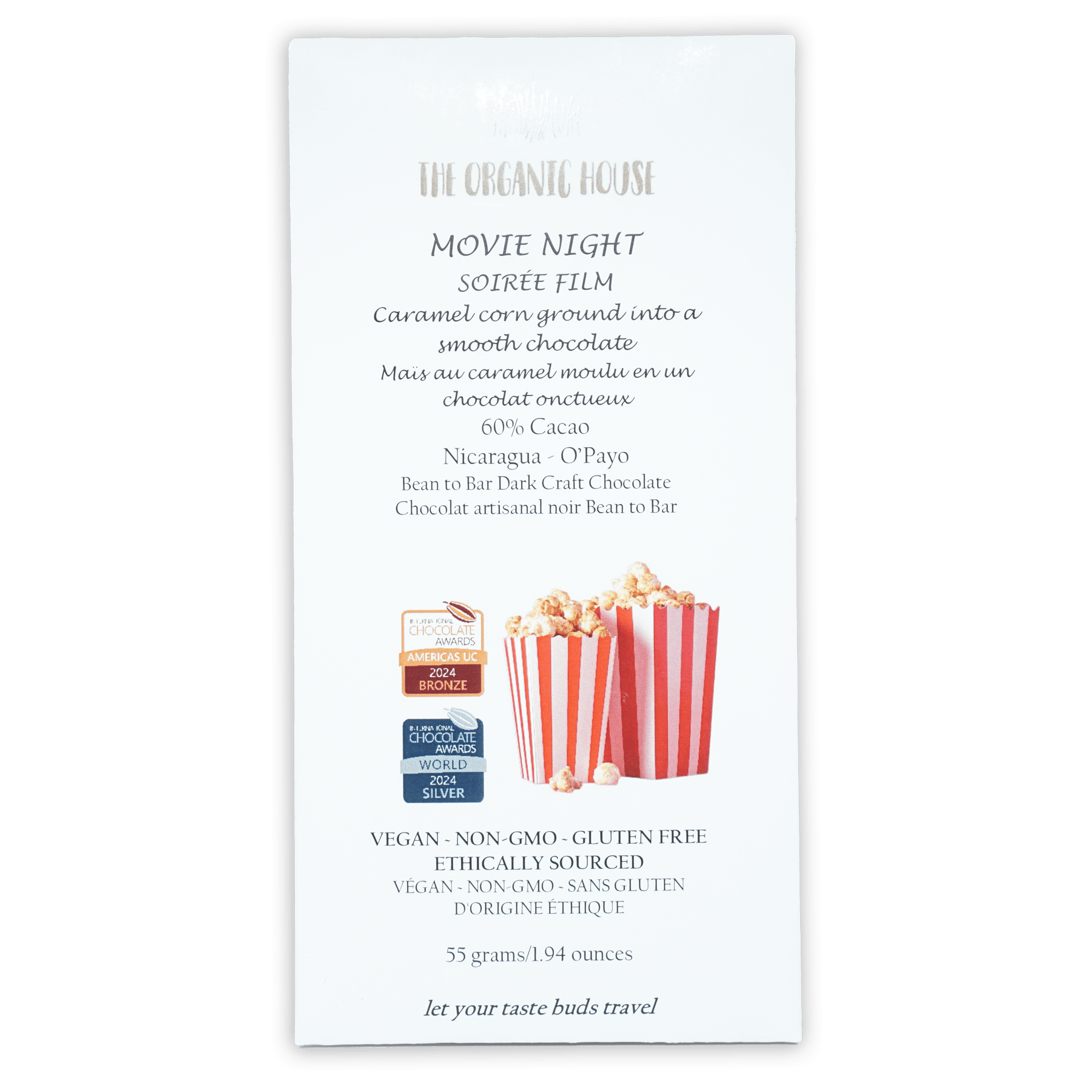 The Organic House Movie Night 60% caramel corn dark chocolate bar