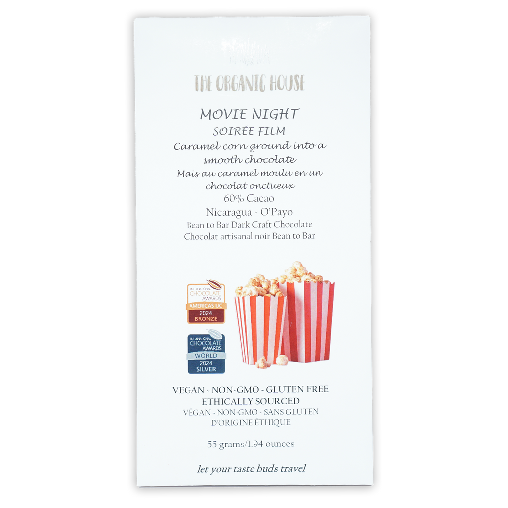 The Organic House Movie Night 60% caramel corn dark chocolate bar