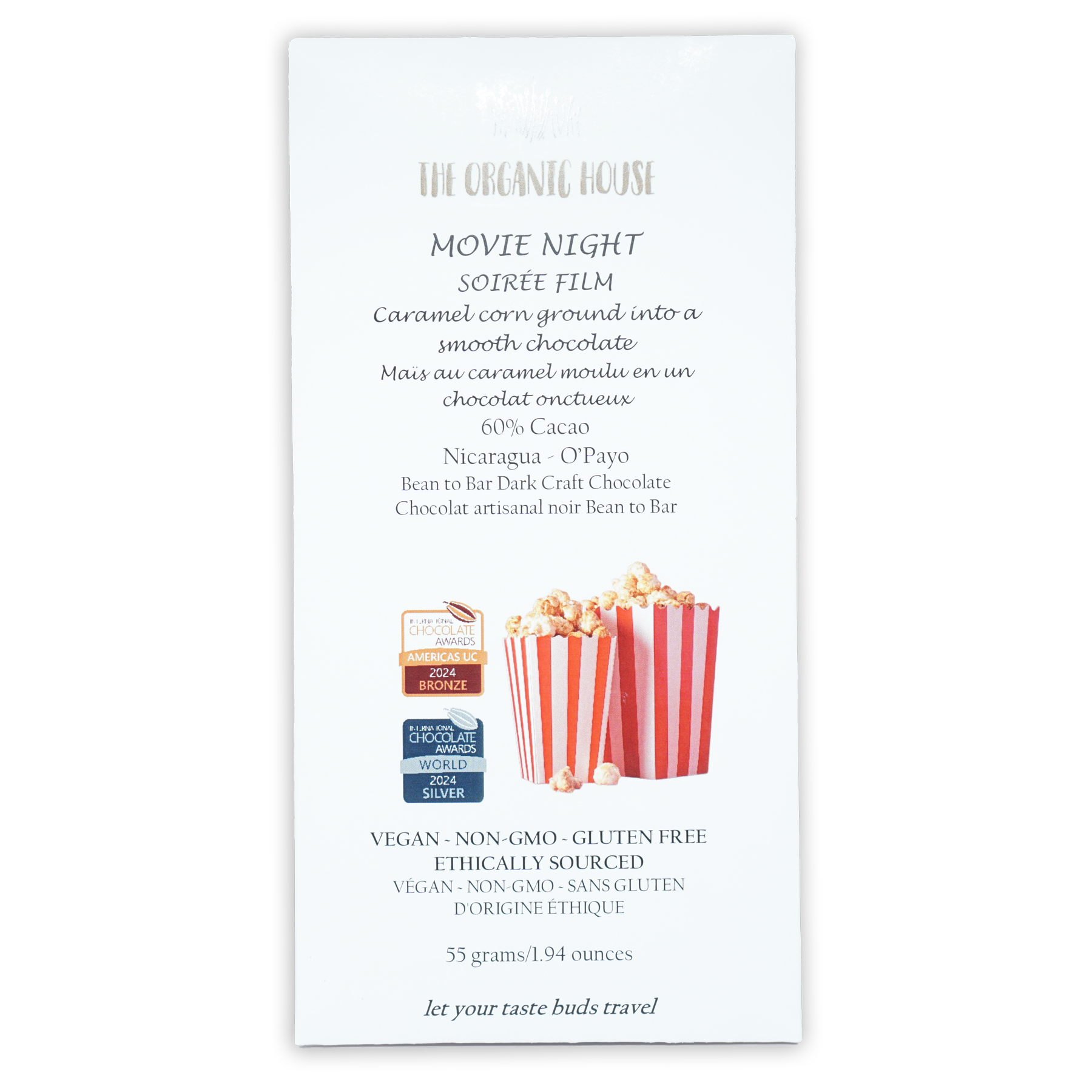 The Organic House Movie Night 60% caramel corn dark chocolate bar