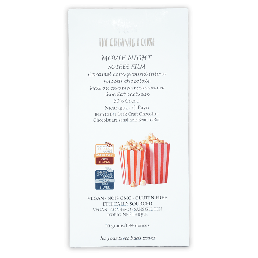 The Organic House Movie Night 60% caramel corn dark chocolate bar