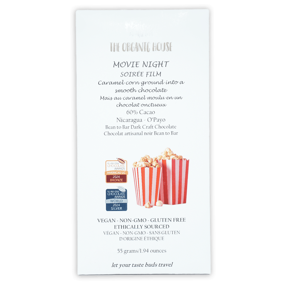 The Organic House Movie Night 60% caramel corn dark chocolate bar