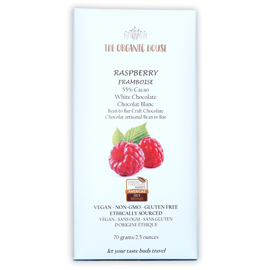 The Organic House Raspberry White Chocolate 55% bar wrapper