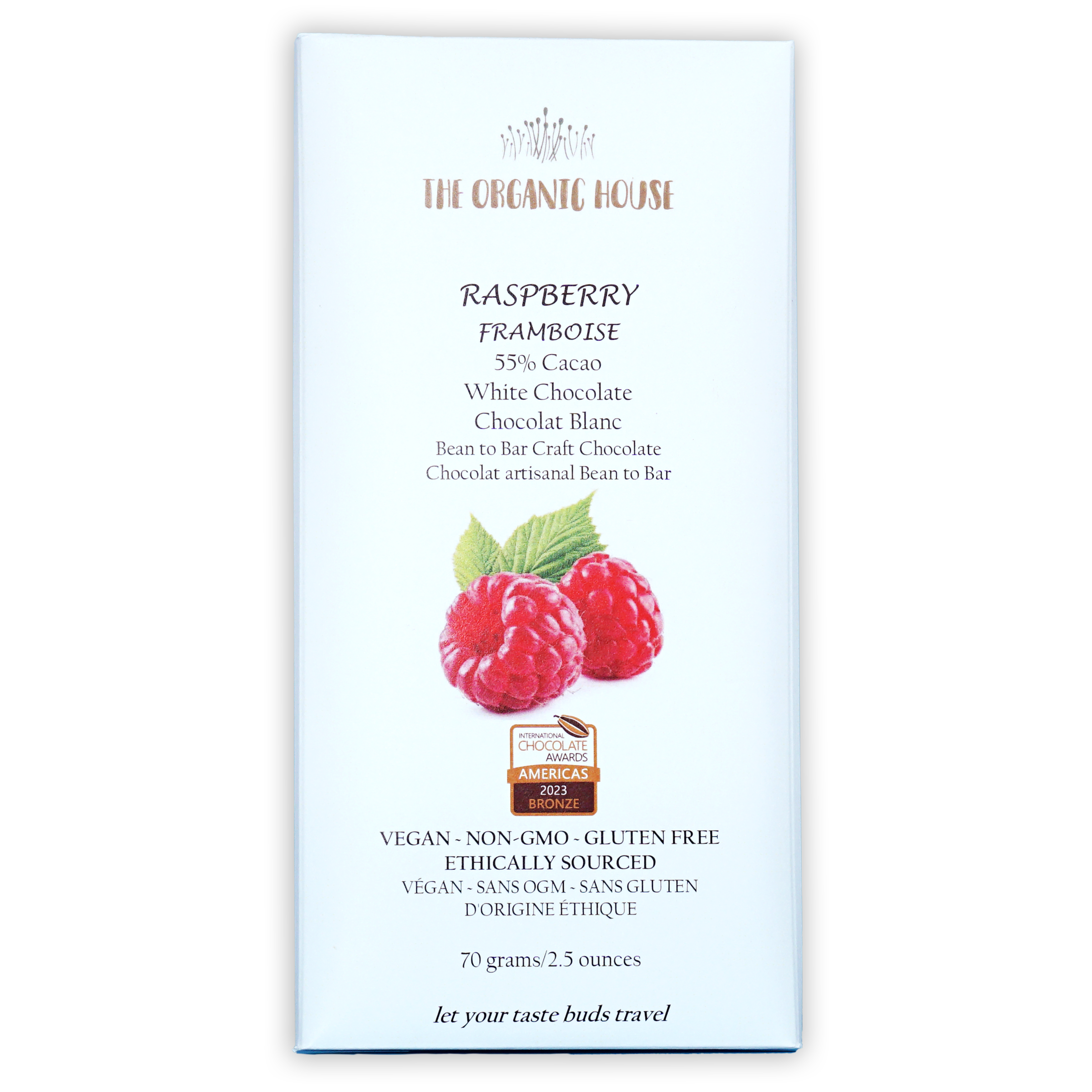 The Organic House Raspberry White Chocolate 55% bar wrapper