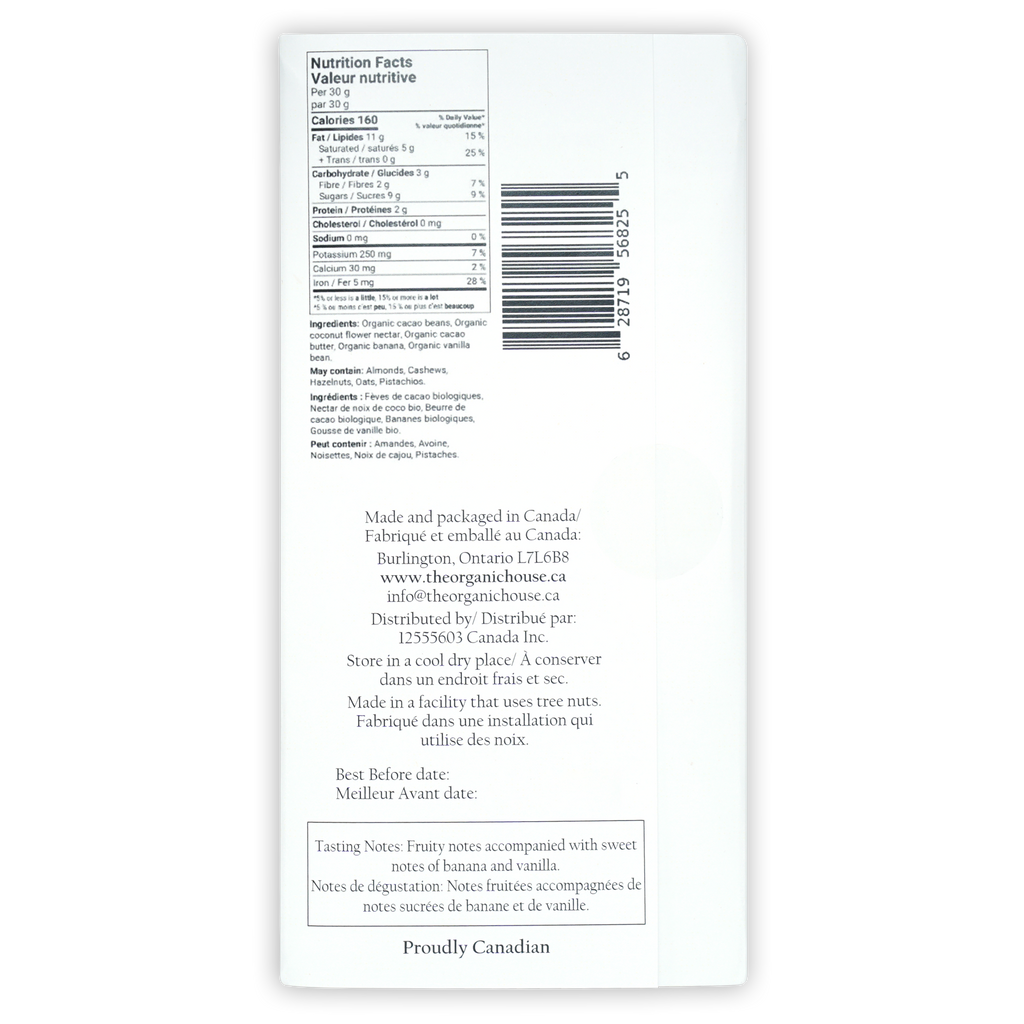 Back of The Organic House Dark Banana Foster 65% label with bilingual nutrition facts