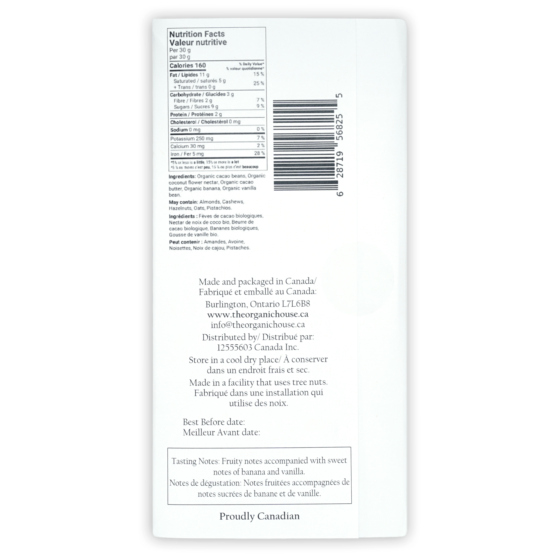 Back of The Organic House Dark Banana Foster 65% label with bilingual nutrition facts