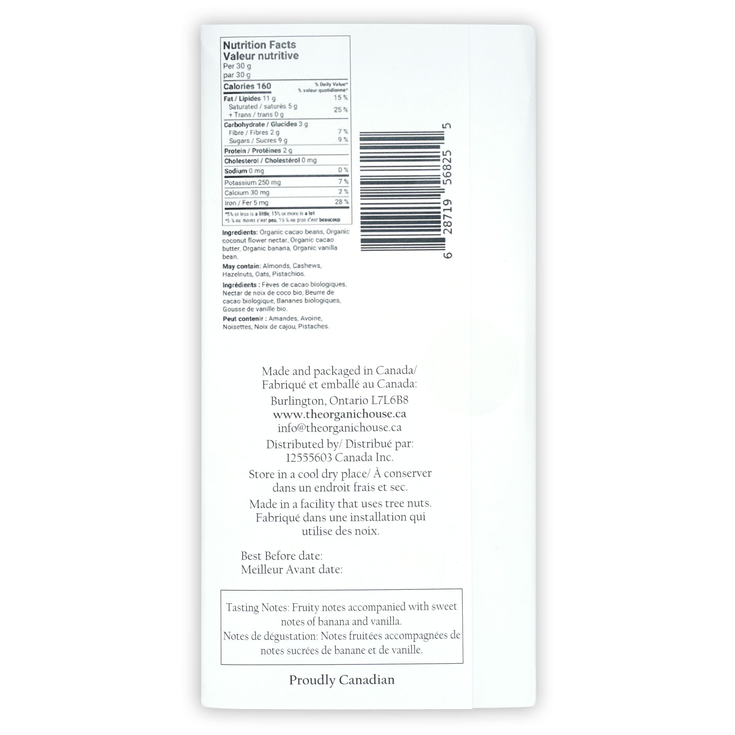 Back of The Organic House Dark Banana Foster 65% label with bilingual nutrition facts