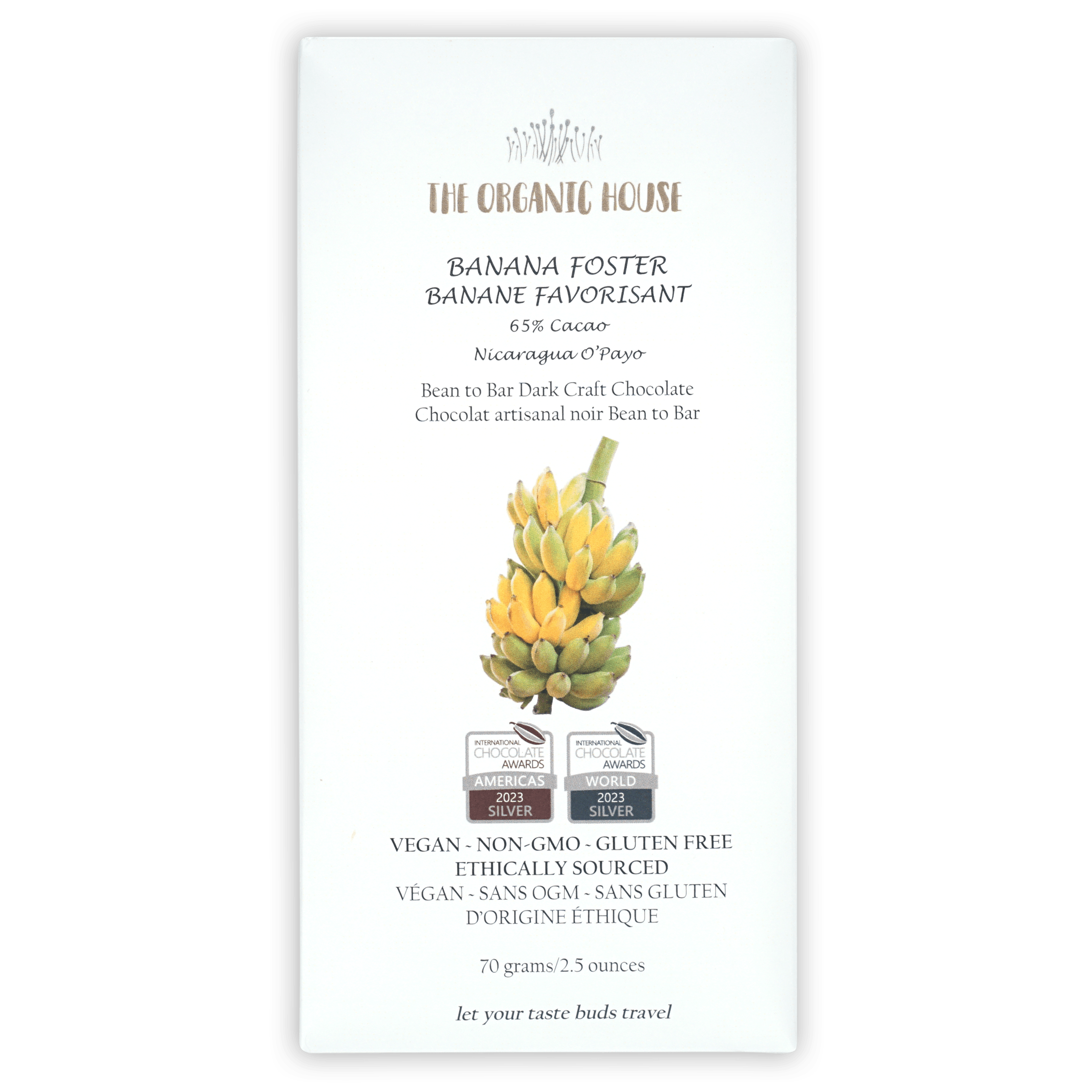 The Organic House Dark Banana Foster 65% cacao bar with banana illustration