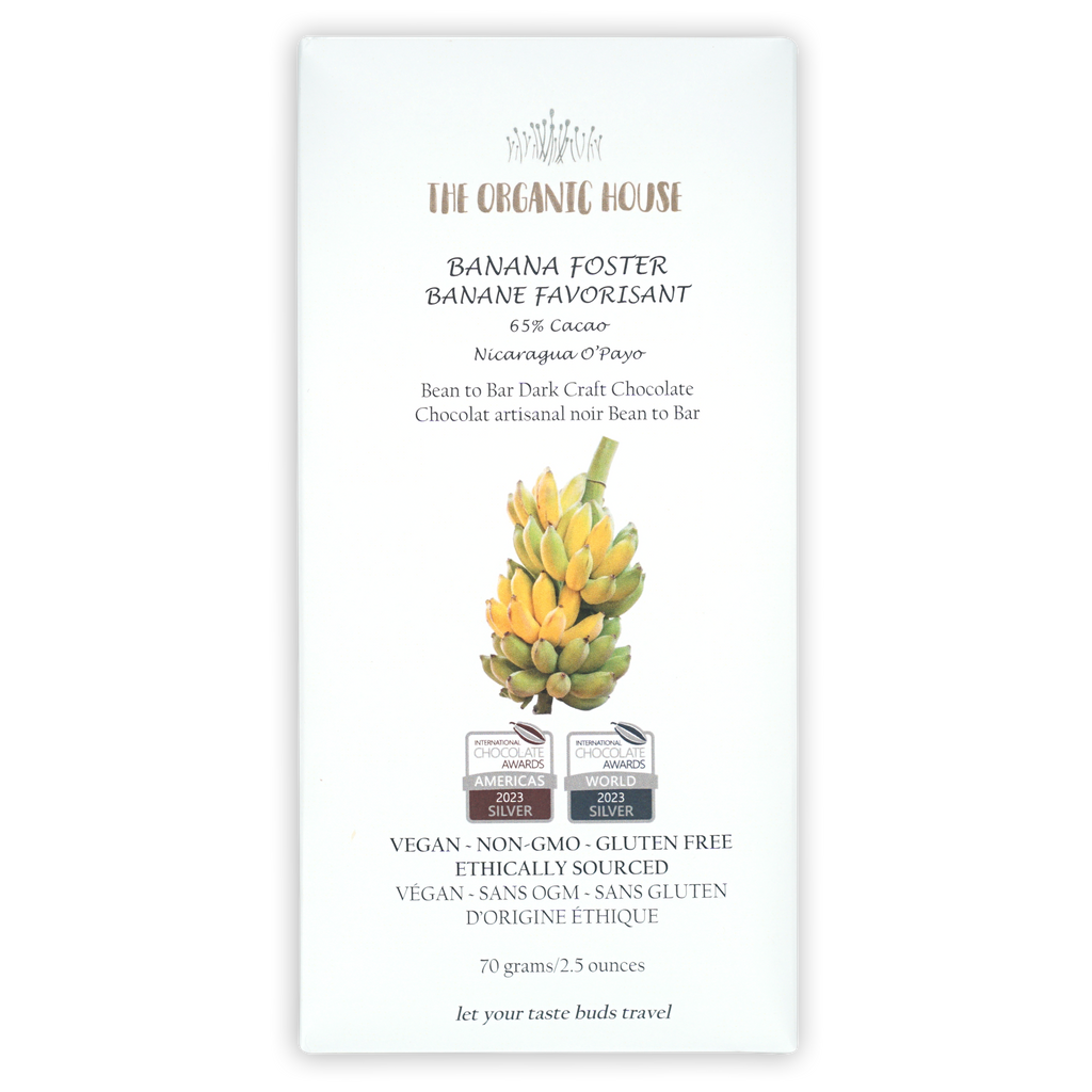 The Organic House Dark Banana Foster 65% cacao bar with banana illustration