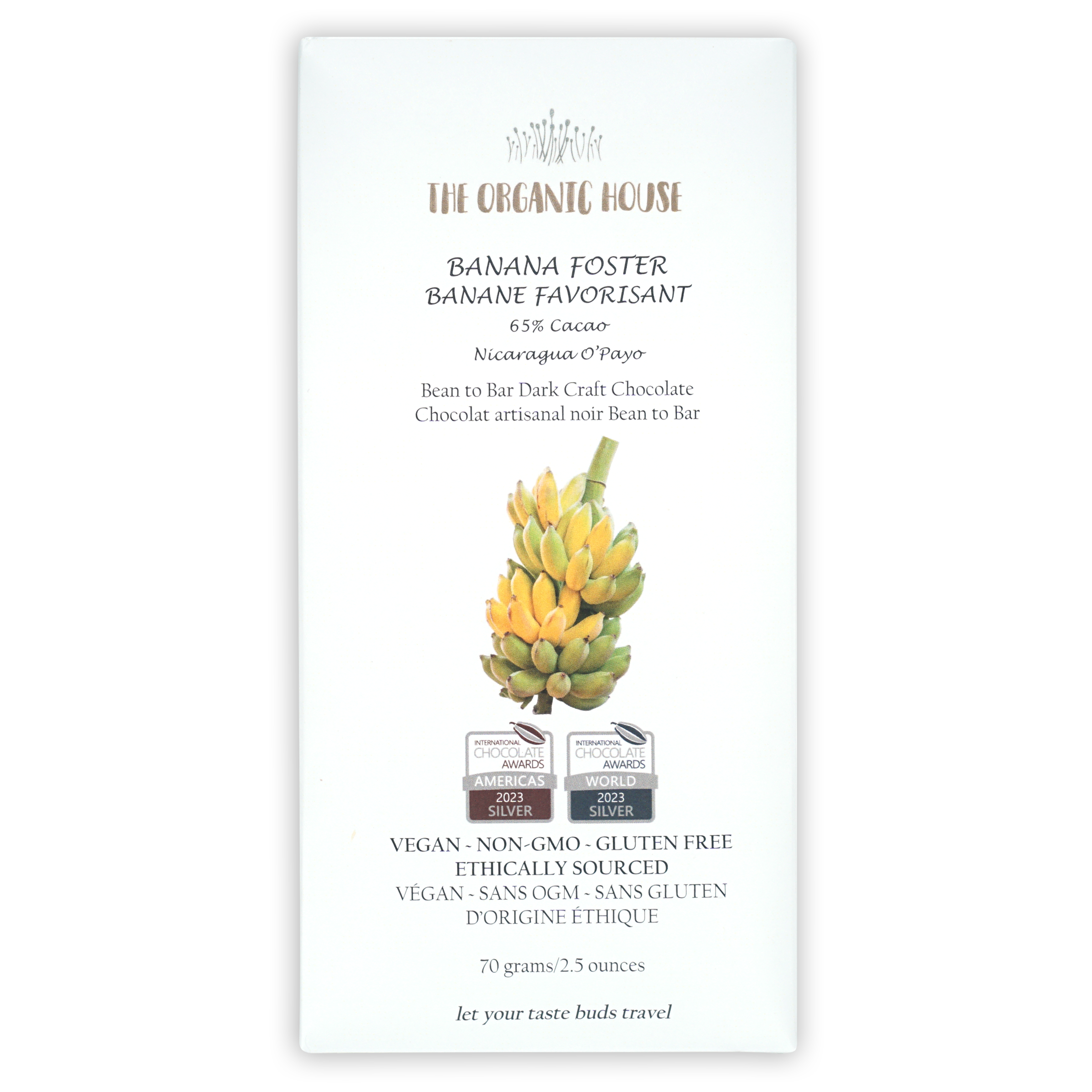 The Organic House Dark Banana Foster 65% cacao bar with banana illustration