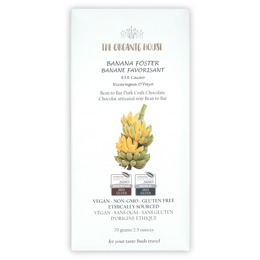 The Organic House Dark Banana Foster 65% cacao bar with banana illustration