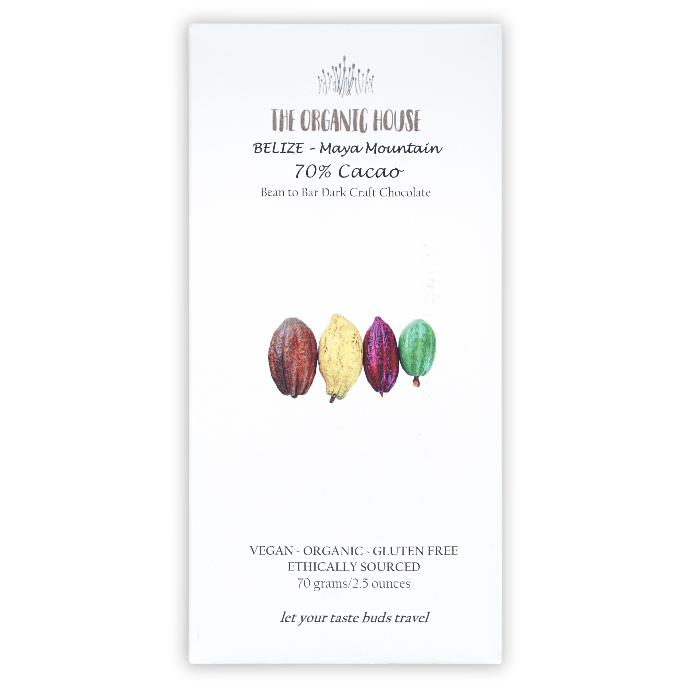 Organic House Dark Belize Maya Mountain 70% chocolate with cacao pods