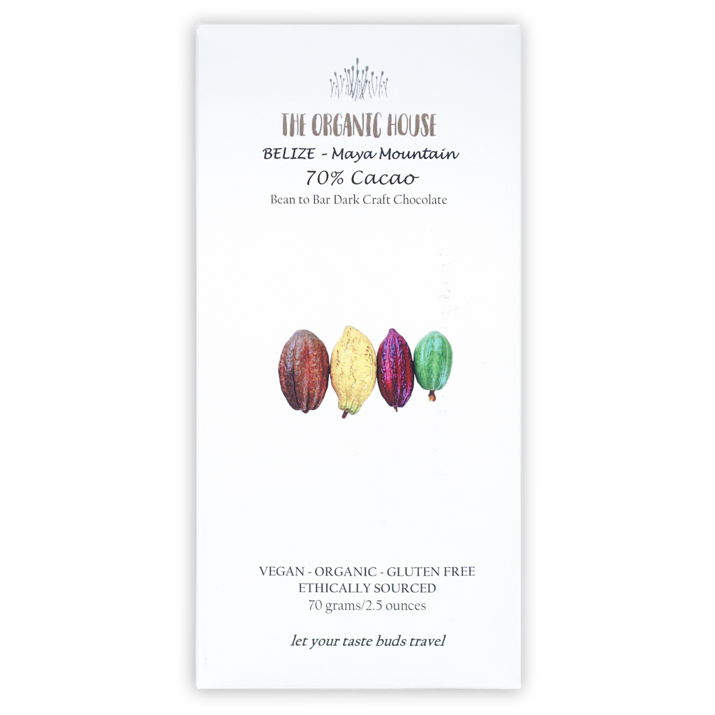 Organic House Dark Belize Maya Mountain 70% chocolate with cacao pods