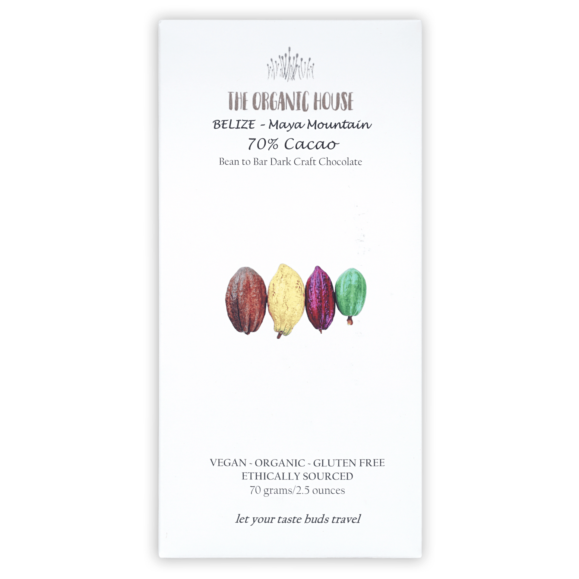 Organic House Dark Belize Maya Mountain 70% chocolate with cacao pods