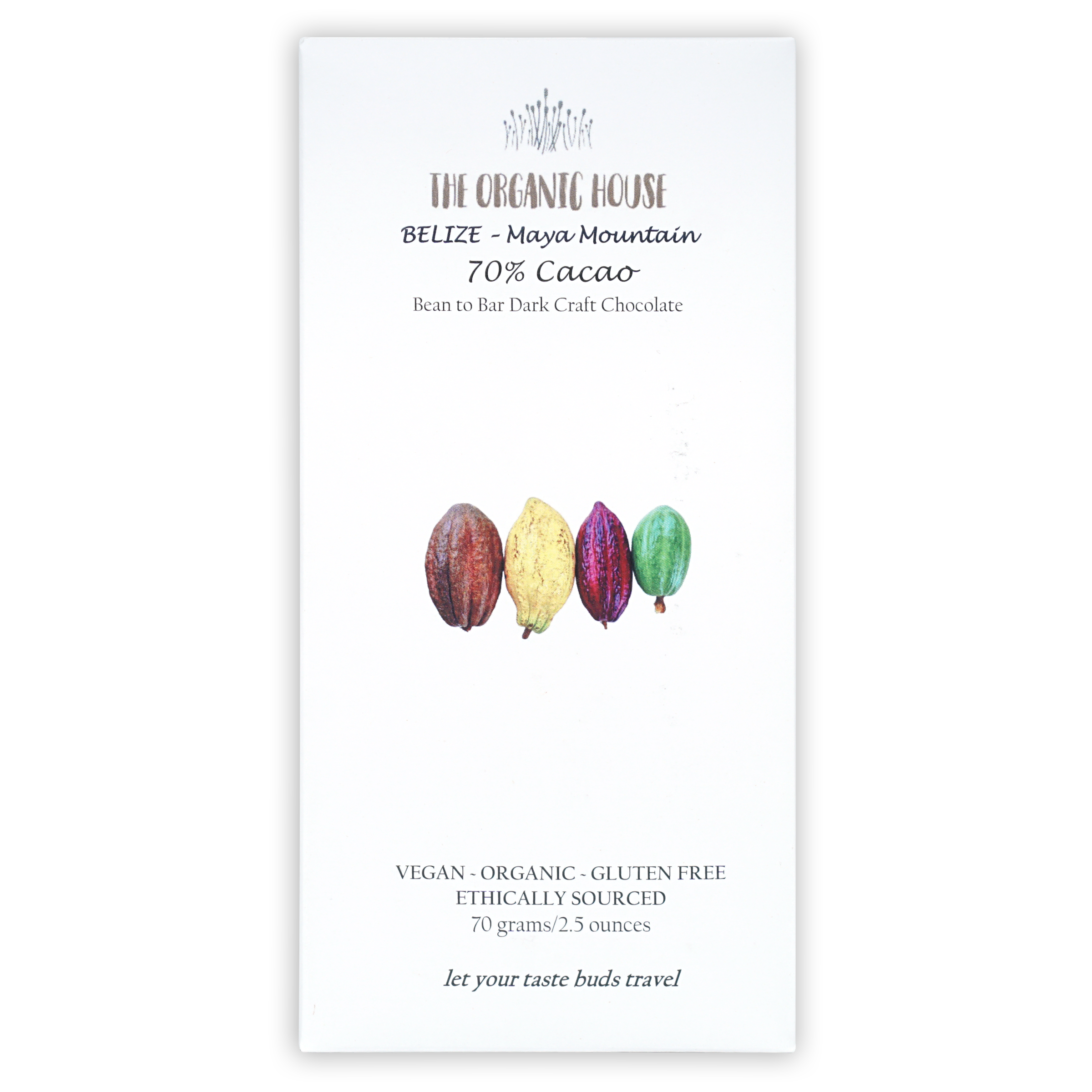 Organic House Dark Belize Maya Mountain 70% chocolate with cacao pods