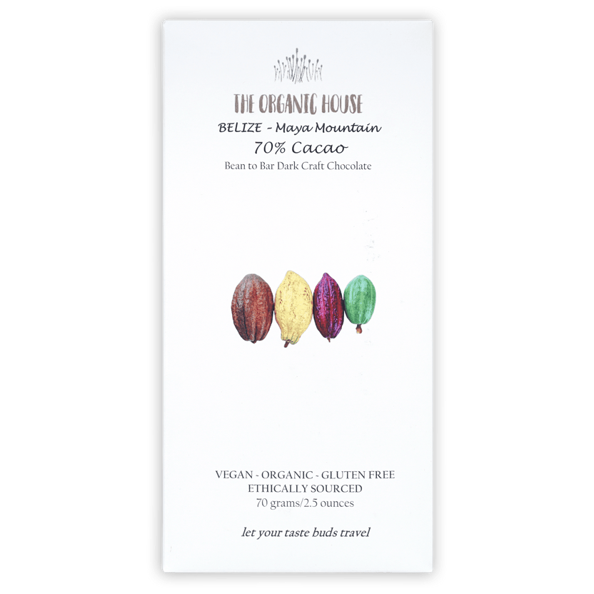 Organic House Dark Belize Maya Mountain 70% chocolate with cacao pods