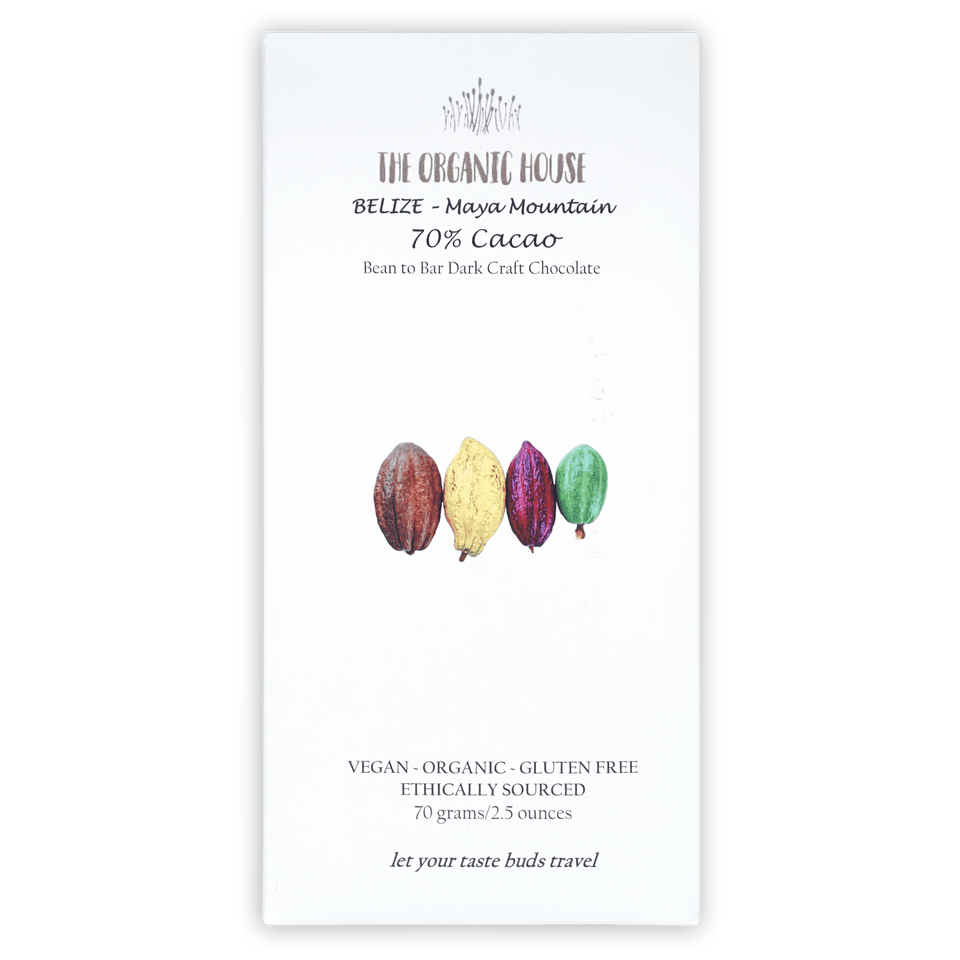 Organic House Dark Belize Maya Mountain 70% chocolate with cacao pods