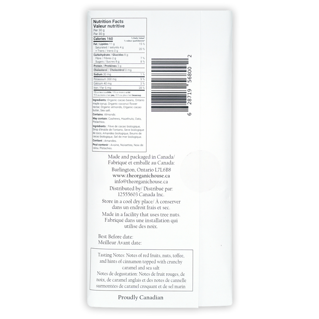 Back of The Organic House Dark w/ Caramel Chunks 70% organic snack label with bilingual nutrition facts and barcode