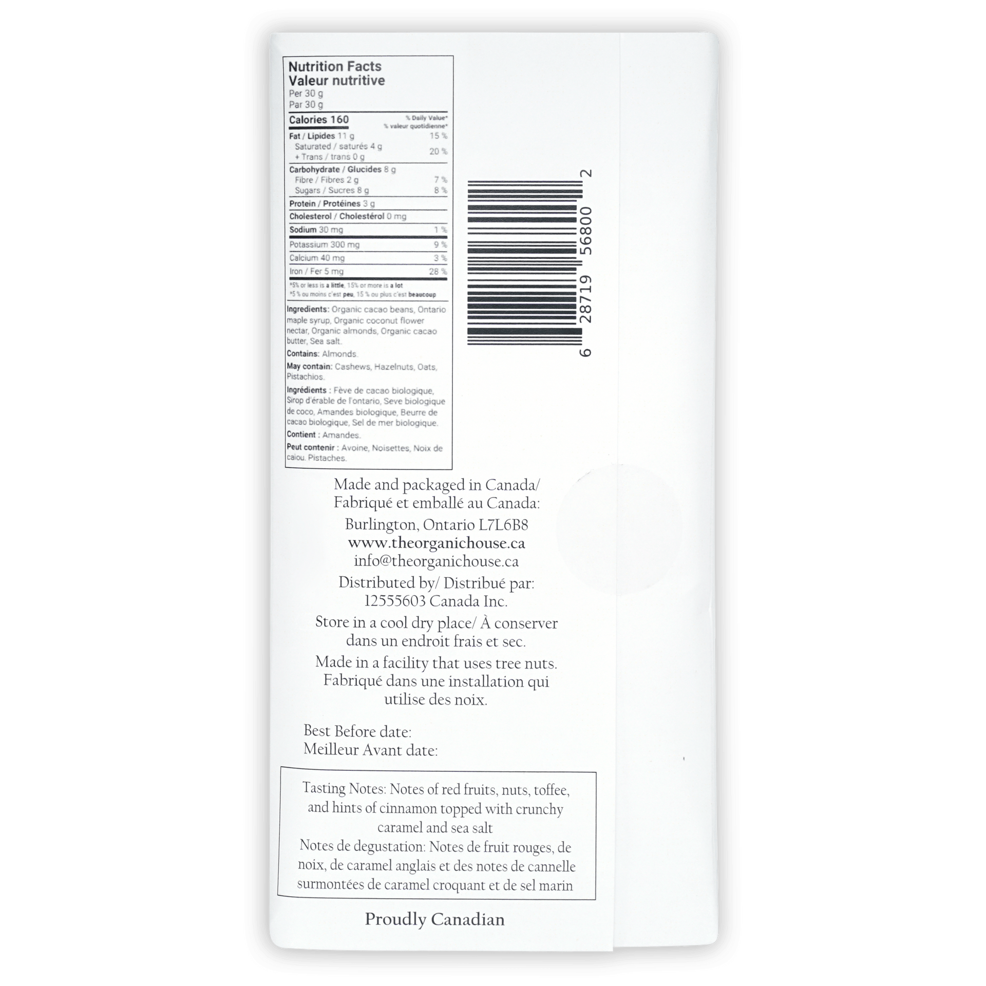 Back of The Organic House Dark w/ Caramel Chunks 70% organic snack label with bilingual nutrition facts and barcode