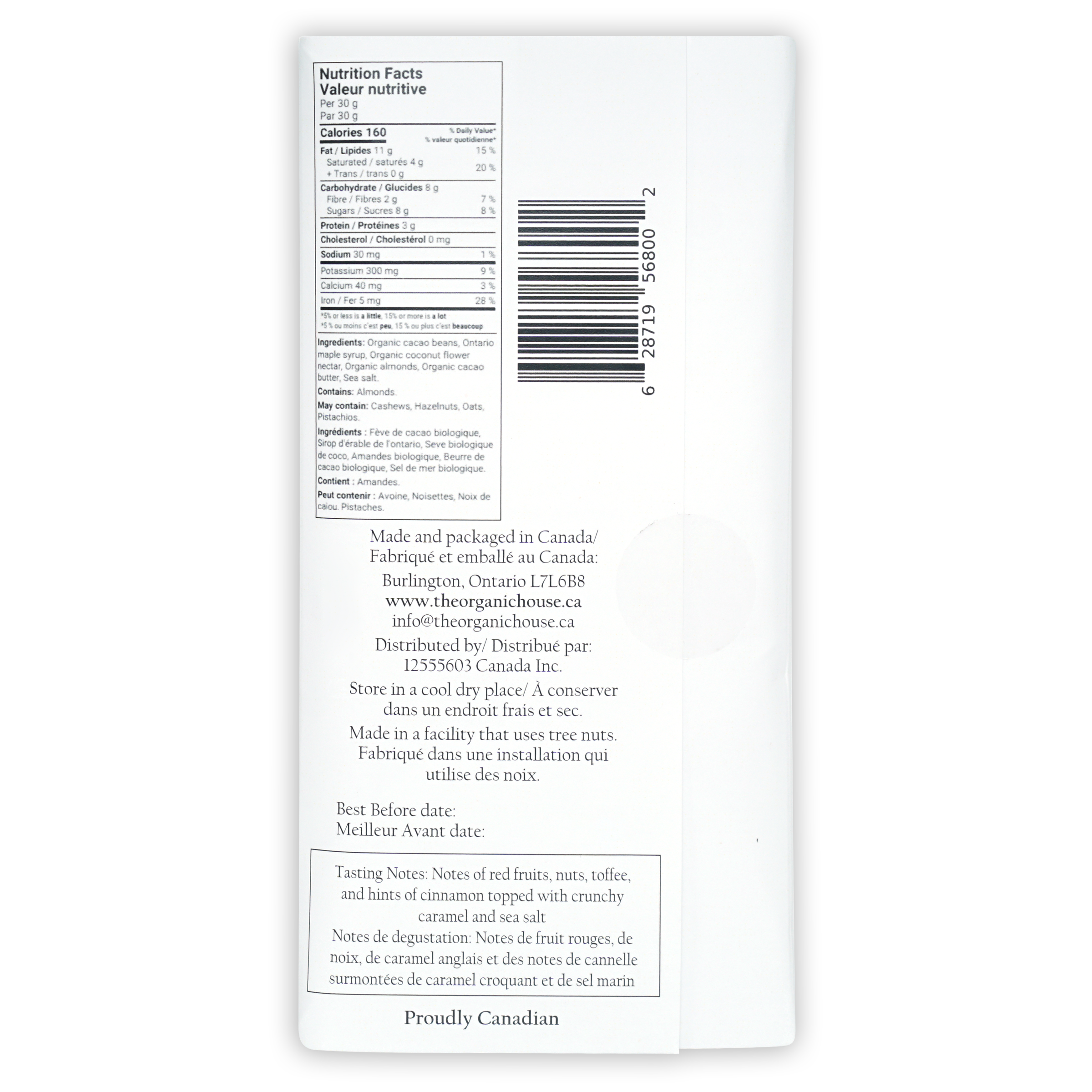 Back of The Organic House Dark w/ Caramel Chunks 70% organic snack label with bilingual nutrition facts and barcode