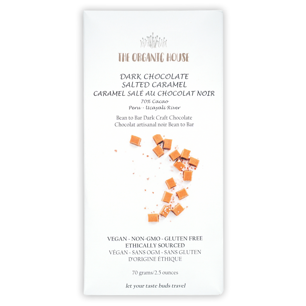 The Organic House 70% dark chocolate bar with salted caramel chunks