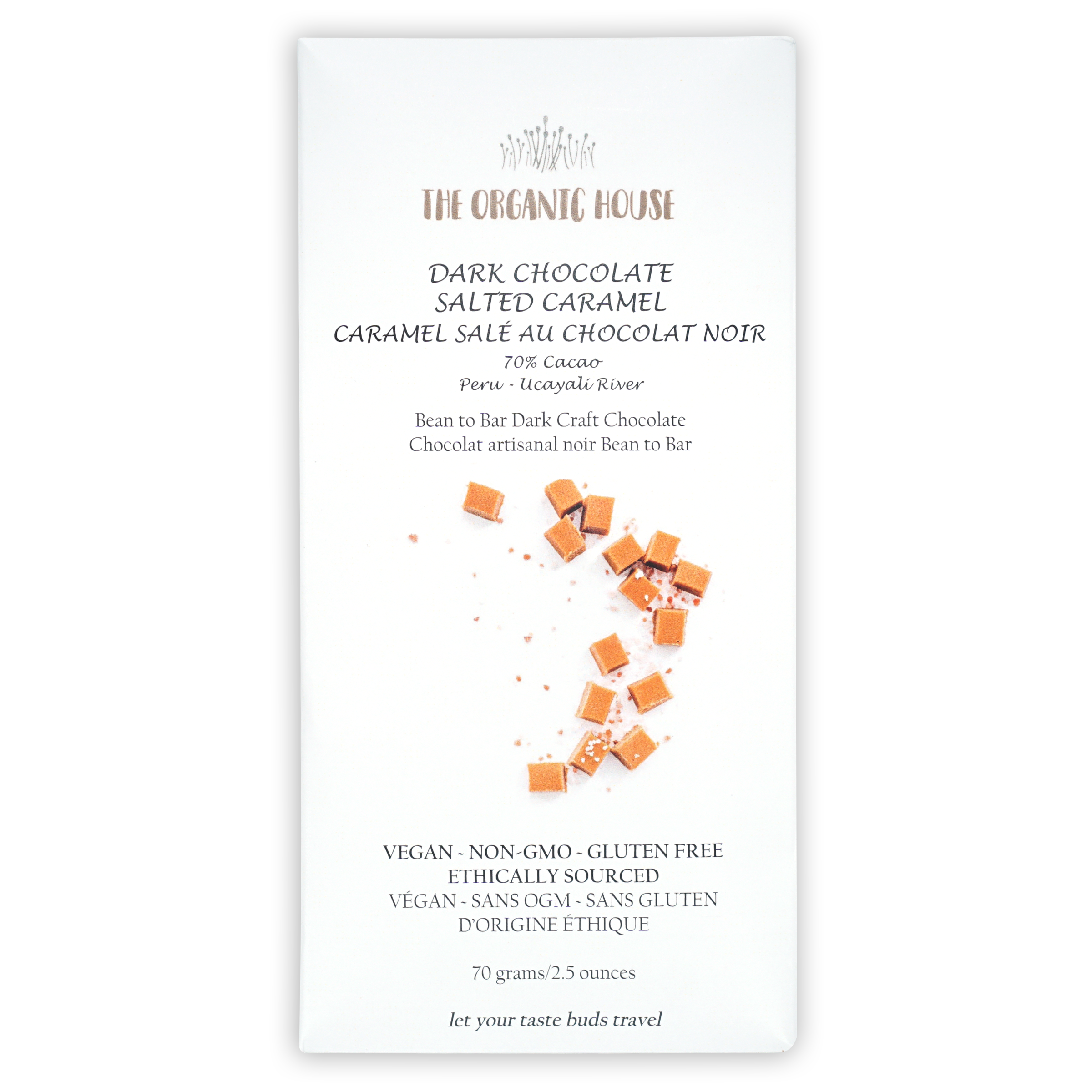 The Organic House 70% dark chocolate bar with salted caramel chunks