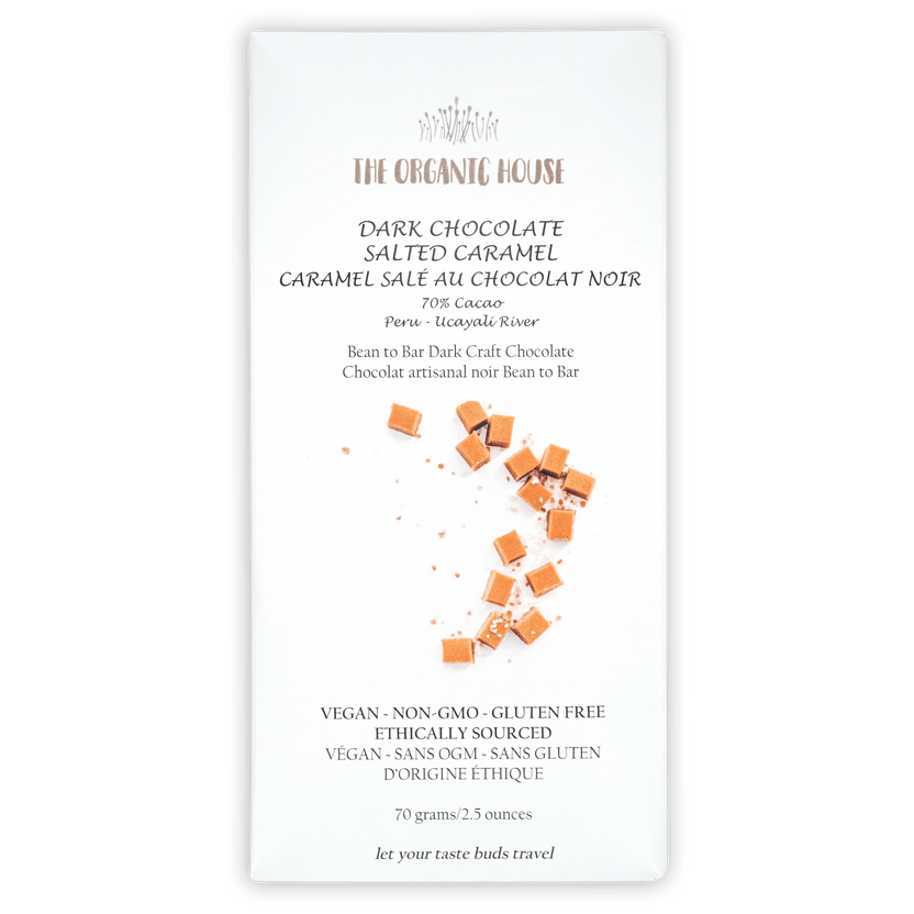The Organic House 70% dark chocolate bar with salted caramel chunks