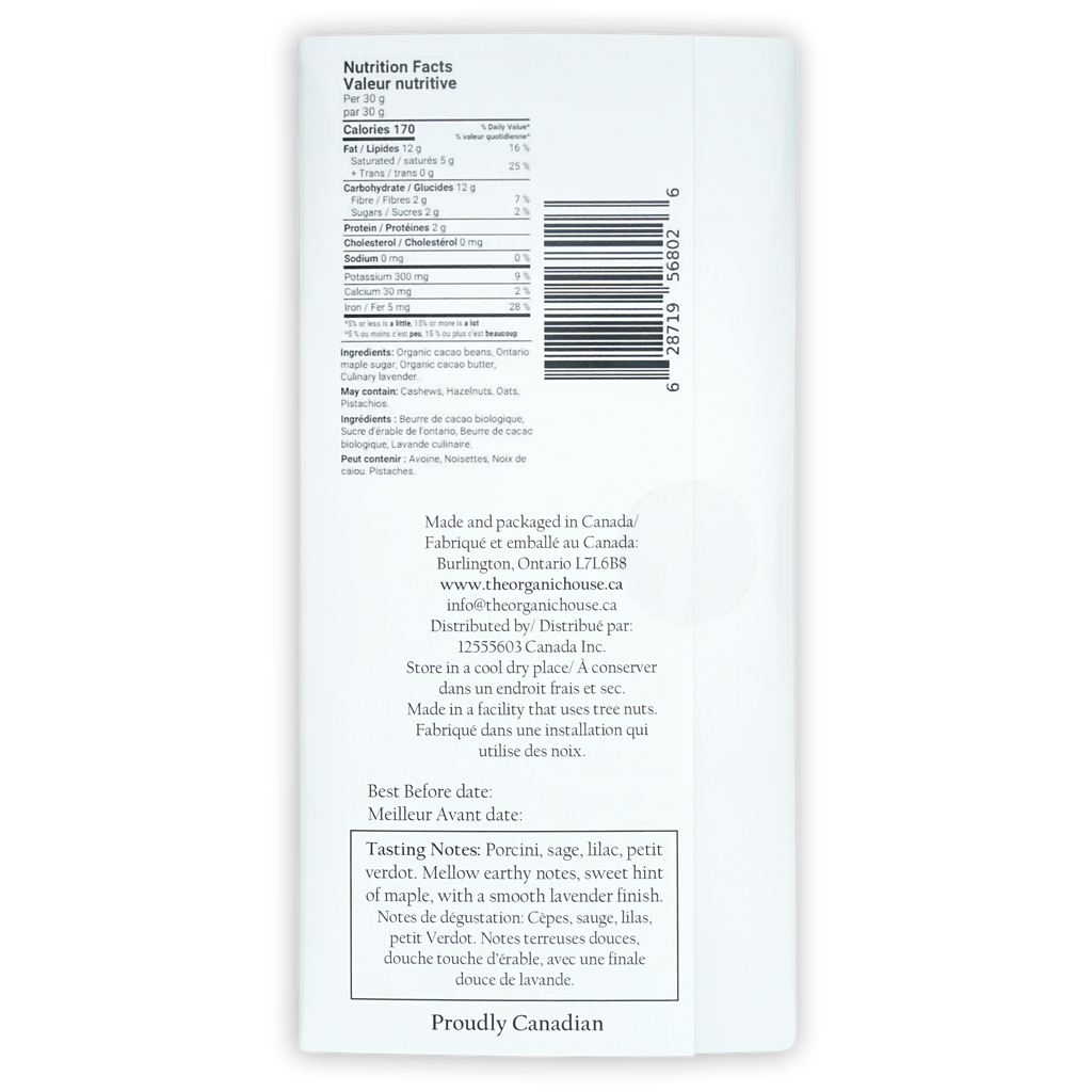 Back of The Organic House Dark Lavender Maple 70% package with bilingual labels